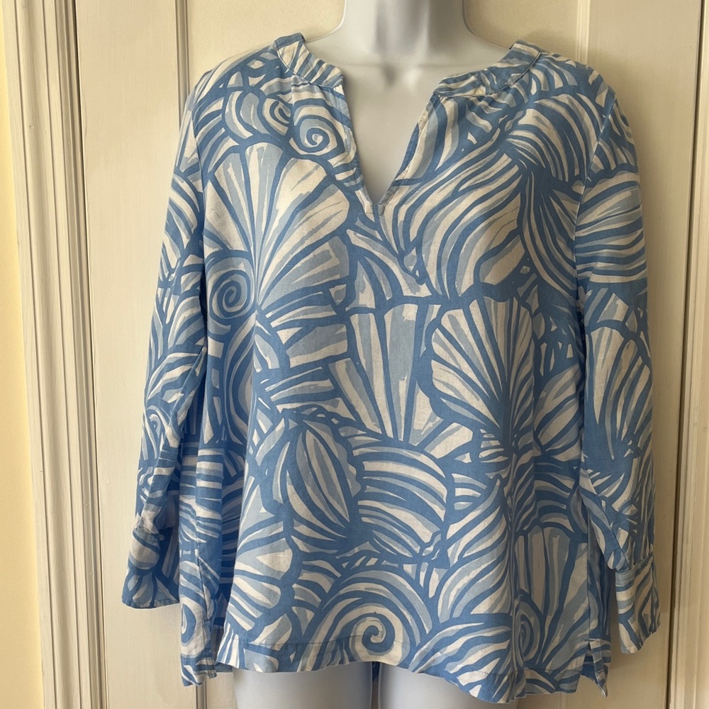 Vineyard Vines Linen Cotton Popover Top Women M Blue White Shell Print Coastal